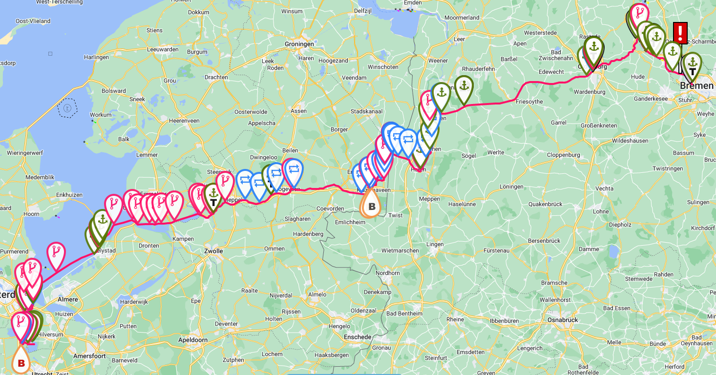 Die geplante Route von Loosdrecht nach Bremen